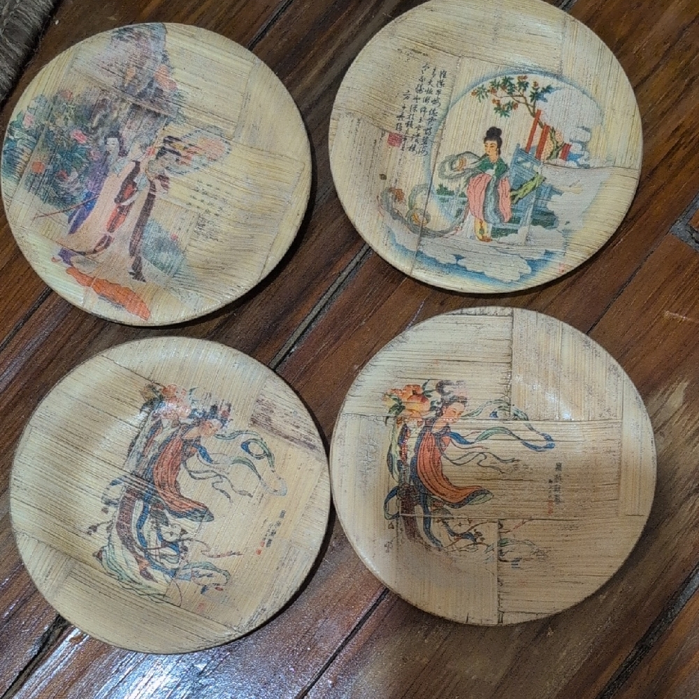 Set of 4 Bamboo Coasters with Asian Art